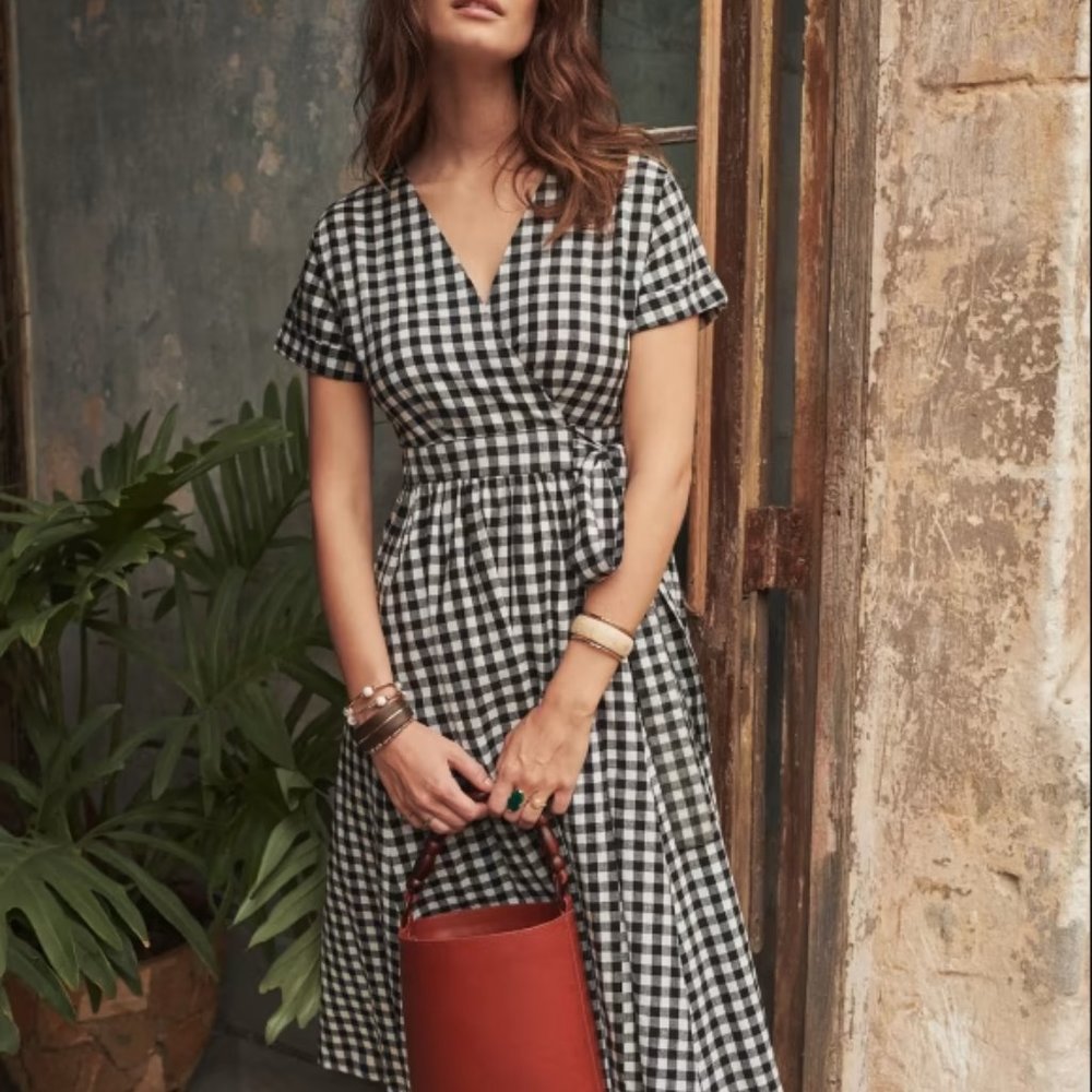 Sezane Marielle Dress, Black & White Gingham, Size 6, 100% Cotton Wrap Midi